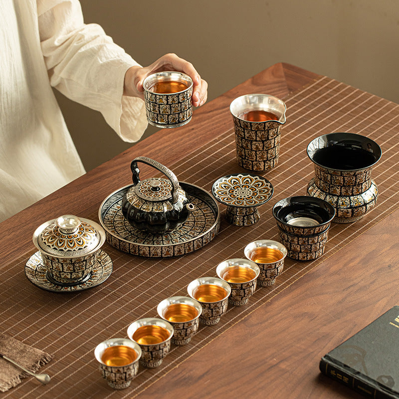 Thousand Buddhas Grottoes Pure Ag999  Silver-Gilded Tea Ceremony Set