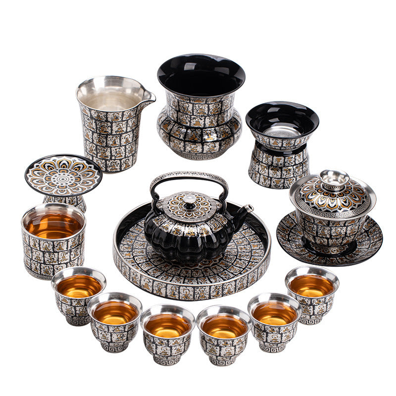 Thousand Buddhas Grottoes Pure Ag999  Silver-Gilded Tea Ceremony Set