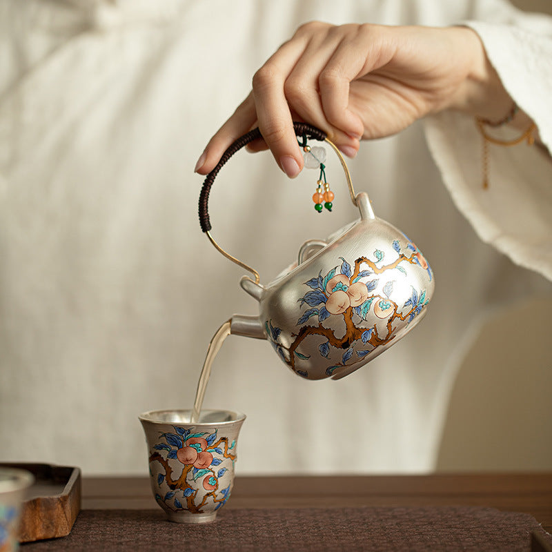 Persimmon Auspicious Pure  Ag999 Silver-Gilded Overhead-Handle Tea Set