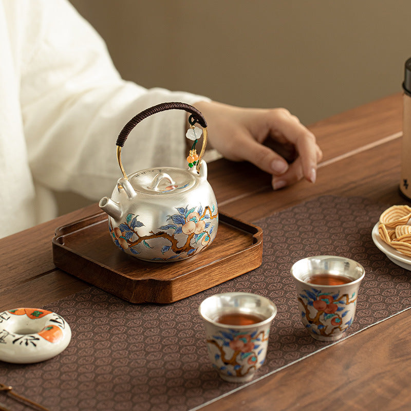 Persimmon Auspicious Pure  Ag999 Silver-Gilded Overhead-Handle Tea Set