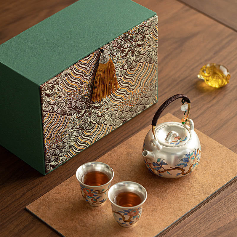 Persimmon Auspicious Pure  Ag999 Silver-Gilded Overhead-Handle Tea Set