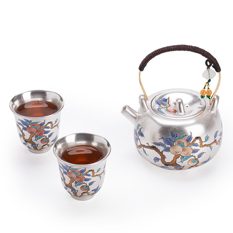 Persimmon Auspicious Pure  Ag999 Silver-Gilded Overhead-Handle Tea Set