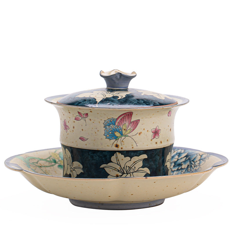 Flint Red Blue & White Butterfly & Lily Sancai Gaiwan - 160ml