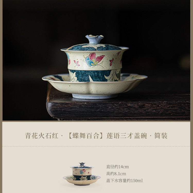 Flint Red Blue & White Butterfly & Lily Sancai Gaiwan - 160ml