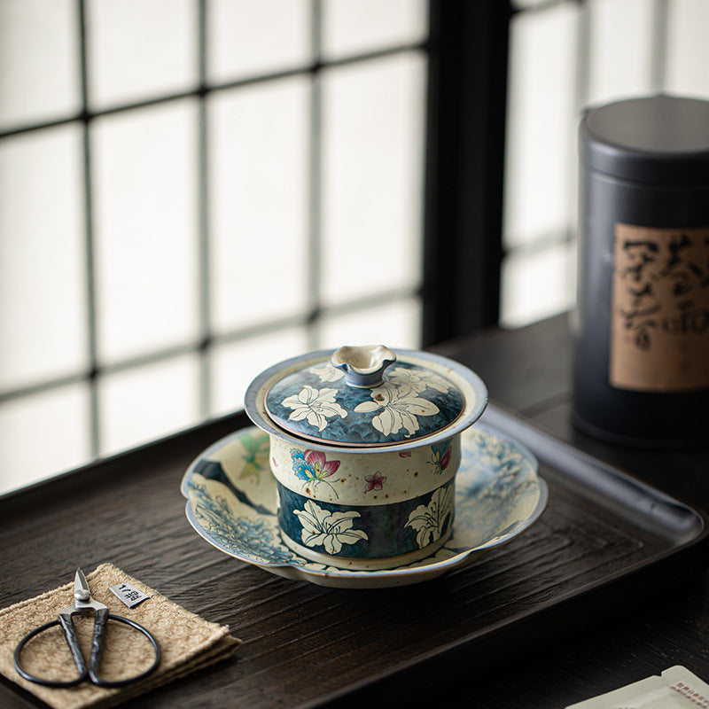 Flint Red Blue & White Butterfly & Lily Sancai Gaiwan - 160ml