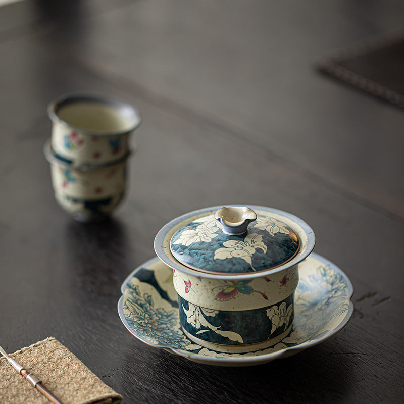 Flint Red Blue & White Butterfly & Lily Sancai Gaiwan - 160ml