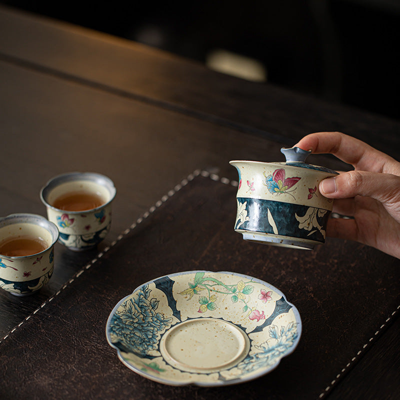 Flint Red Blue & White Butterfly & Lily Sancai Gaiwan - 160ml