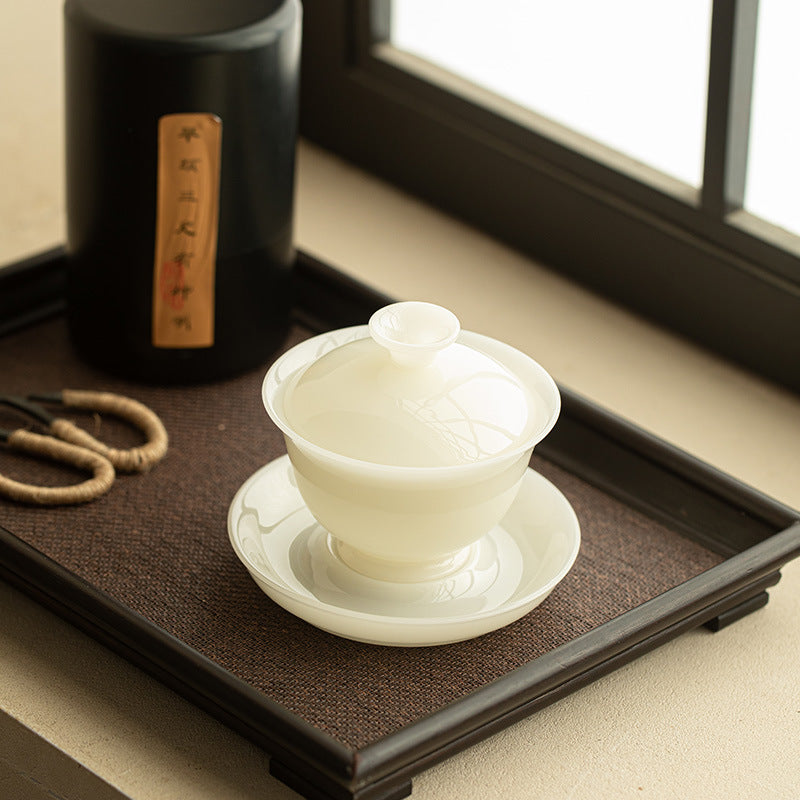 Authentic Dehua Ice Mutton Fat Jade Hovering Sancai Gaiwan - 160ml