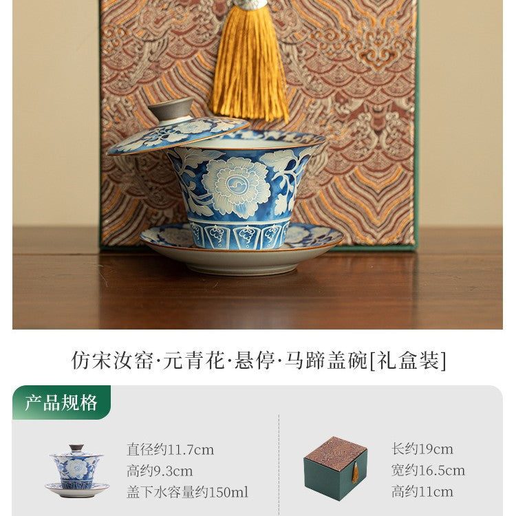 Yuan Blue & White Ru Ware Horseshoe Sancai Gaiwan - 160ml