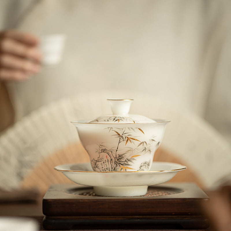 Ice-Grade Mutton Fat Jade Eggshell Sancai Gaiwan - 150ml