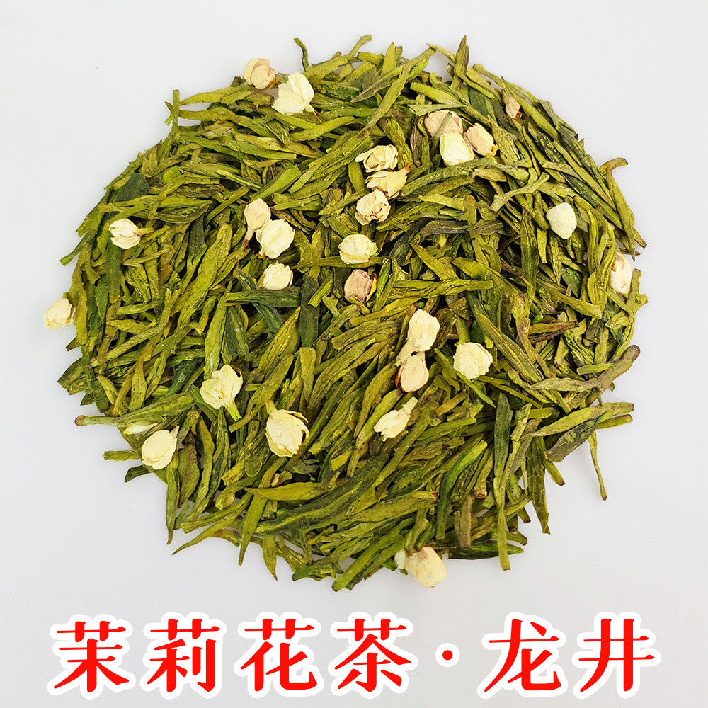 Jasmine Longjing loose leaf green tea and jasmine blossoms