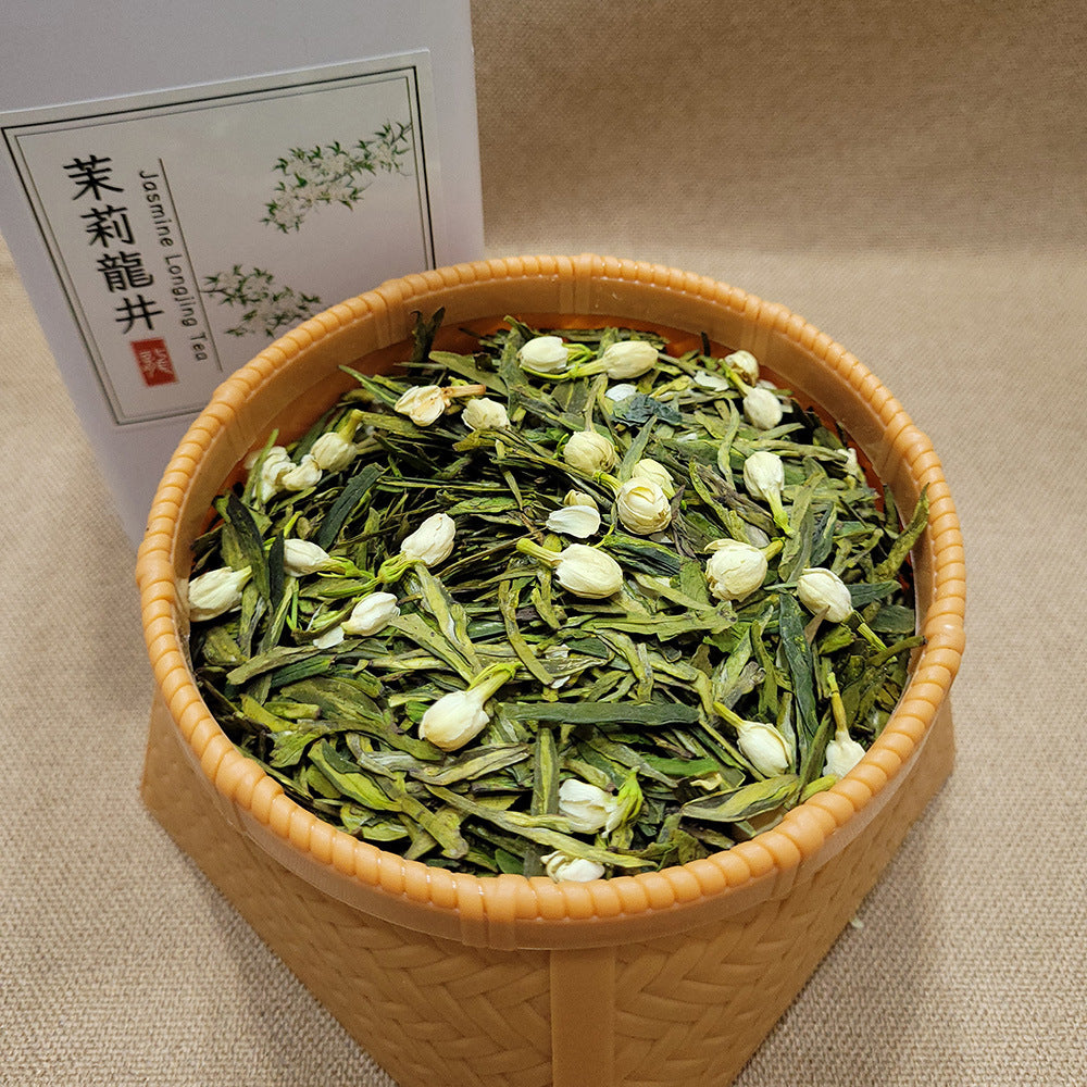 Close-up of Jasmine Longjing green tea leaves with jasmine buds