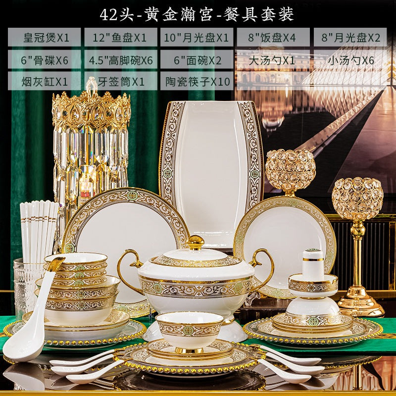 Jin Bi Hui Huang gold-toned embossed bone china 42-piece dinnerware set