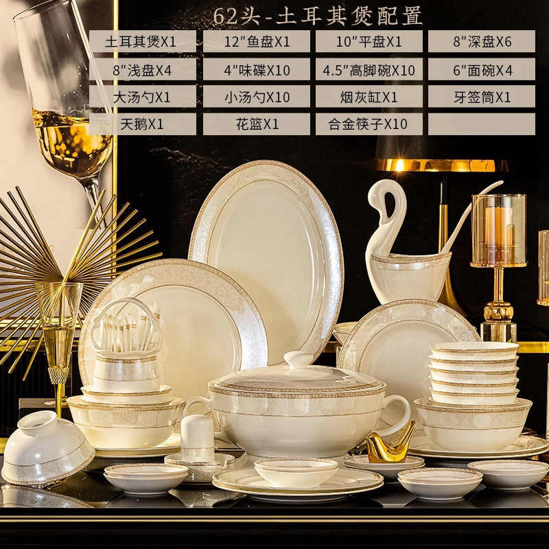 Jin Ge Si white and gold high-bone china dinnerware full gift set