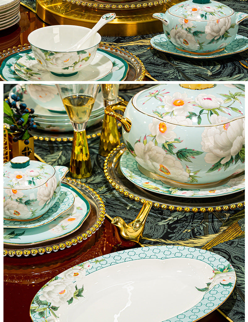 Jin Yu Man Tang bone china tureen bowls and serving platter with mint green floral decoration