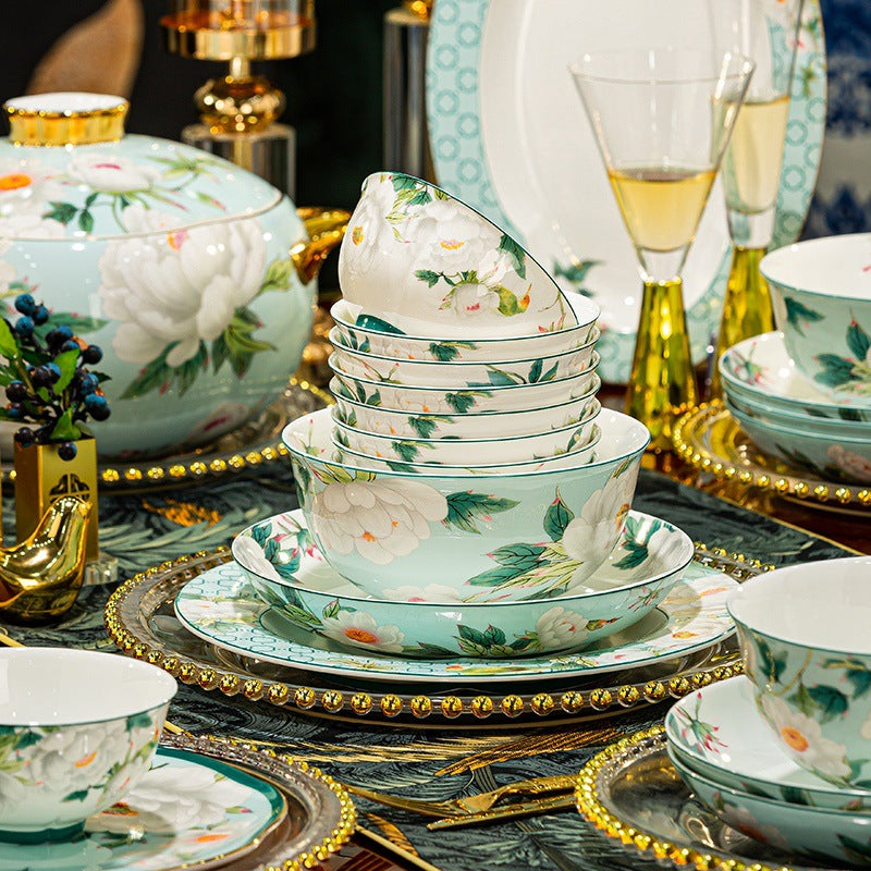 Jin Yu Man Tang mint green and white floral bone china dinnerware set with gold-tone details