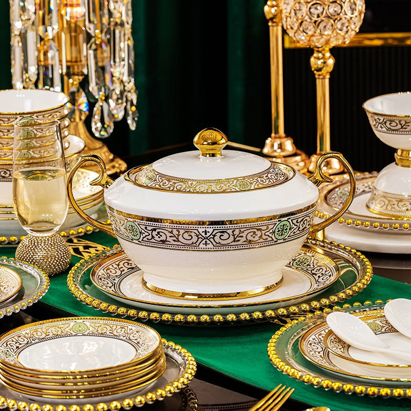 Jinbi Huihuang gold and pale jade bone china dinnerware with covered tureen and coordinated tableware