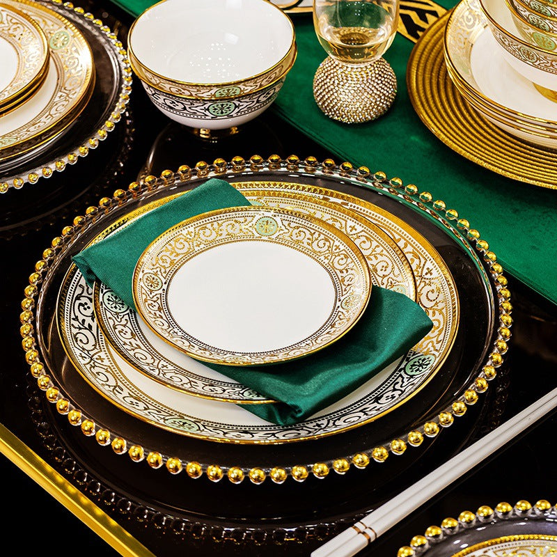 Jinbi Huihuang ornate gold-rim bone china place setting for European classic and New Chinese dining interiors