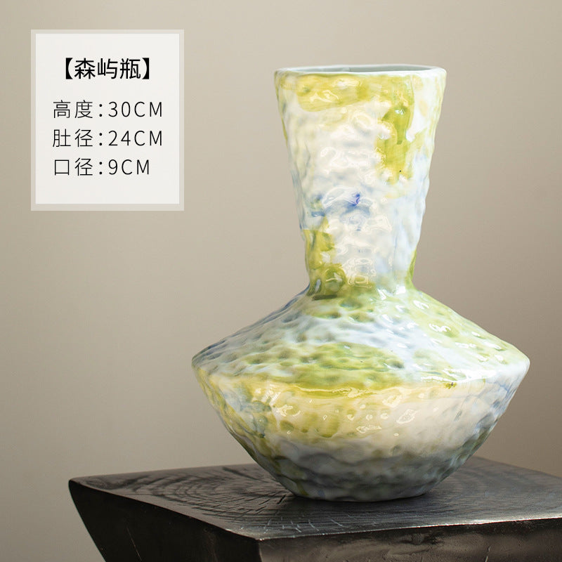Jingdezhen blue-green textured ceramic vase, 24 cm wide and 30 cm high