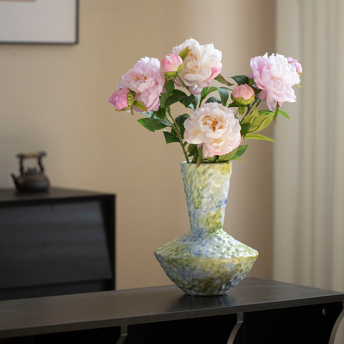 Jingdezhen blue-green textured ceramic vase with pink and white flowers