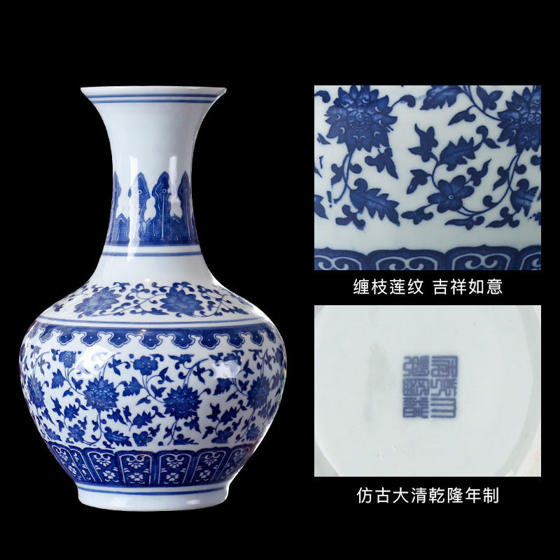 Underglaze blue lotus scroll porcelain detail and decorative base mark