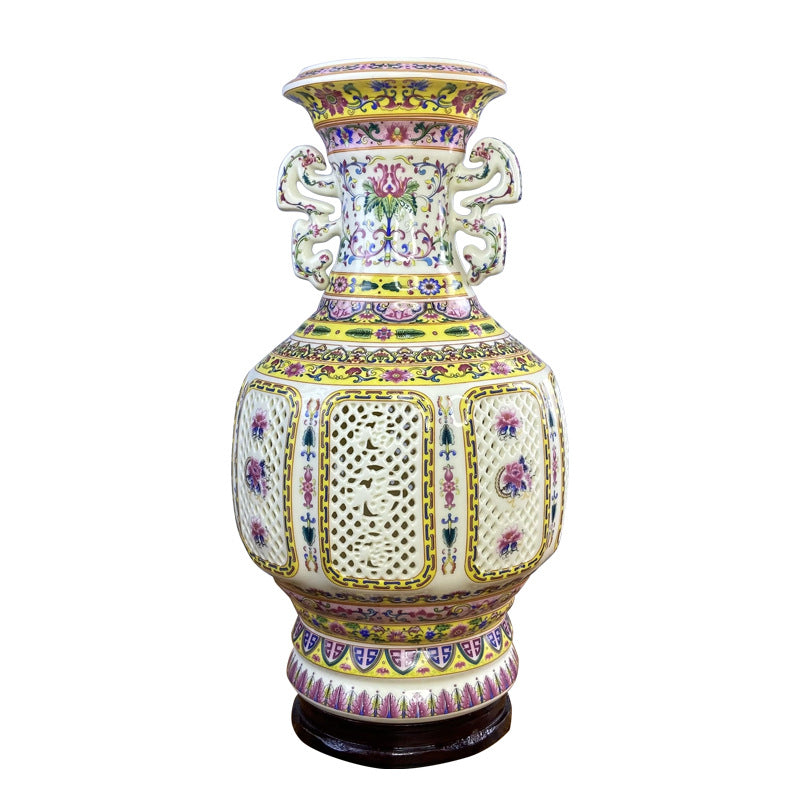 Famille rose openwork porcelain vase front view