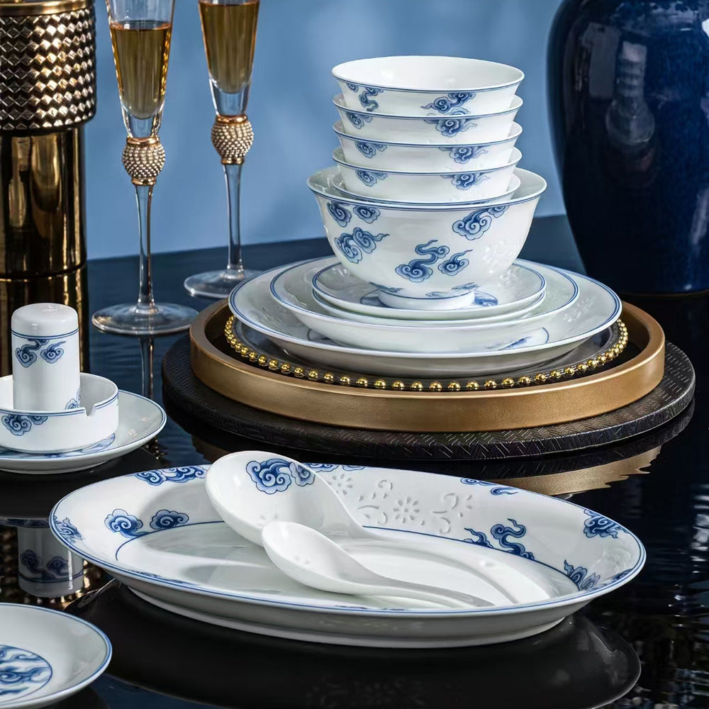 Linglong Xiangyun high white porcelain blue cloud dinnerware detail