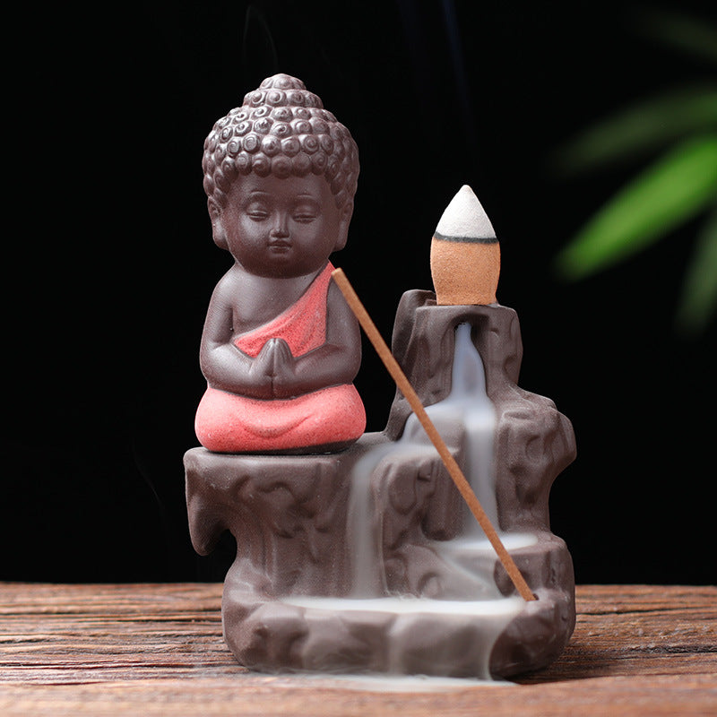 Little Buddha backflow incense burner with coral red robe