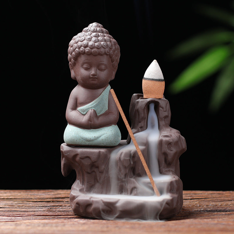 Little Buddha backflow incense burner with mint green robe