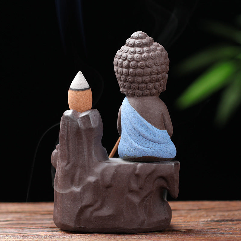 Rear view of little Buddha mountain backflow incense burner