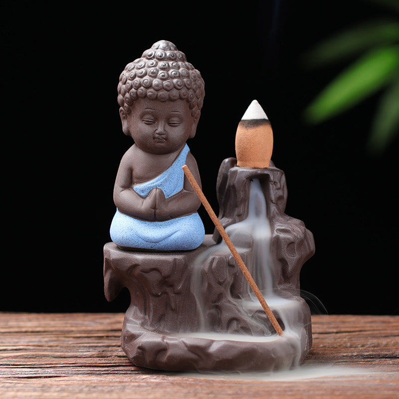 Blue robe little Buddha waterfall smoke incense burner