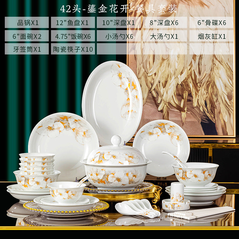 Liu Jin Hua Kai 42-piece white and gold blossom porcelain dinnerware set