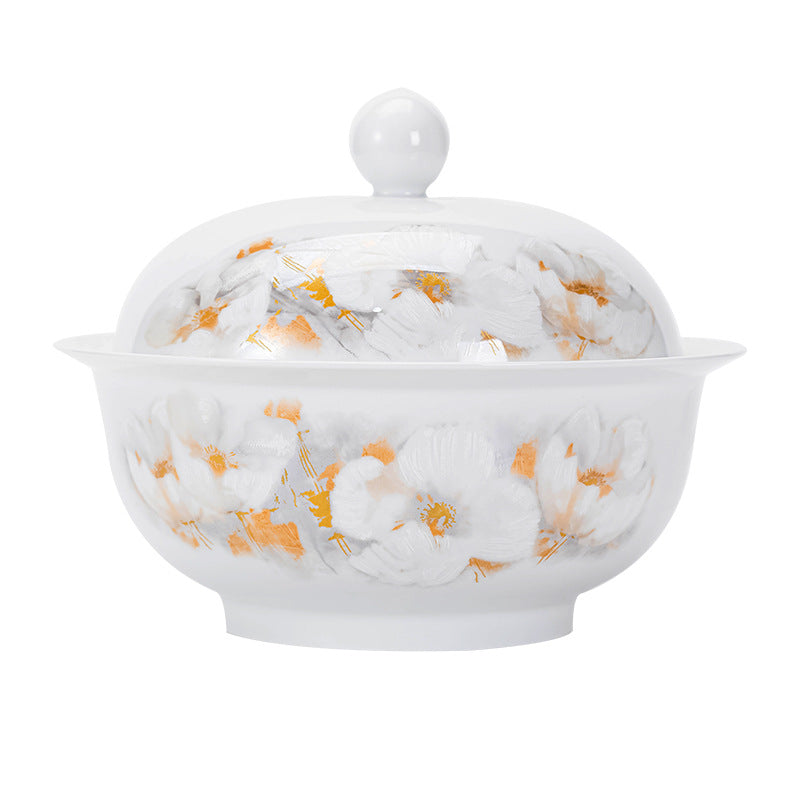 Liu Jin Hua Kai covered porcelain serving tureen with gold blossom decoration