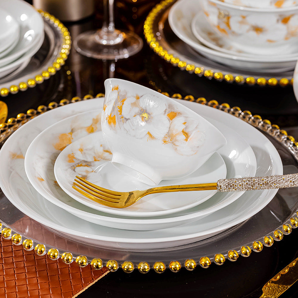 Liu Jin Hua Kai white and gold porcelain place setting close-up