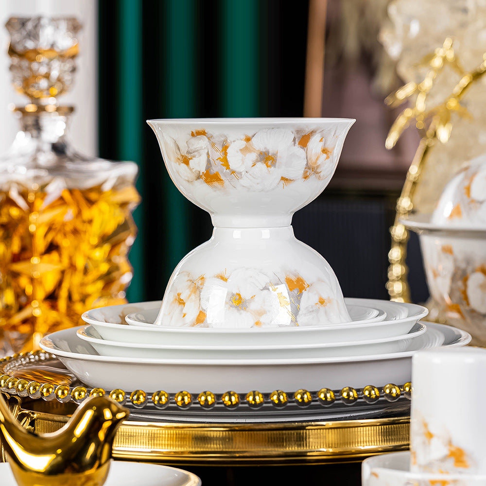 Liu Jin Hua Kai gold blossom bowls and side dishes styled for formal dining