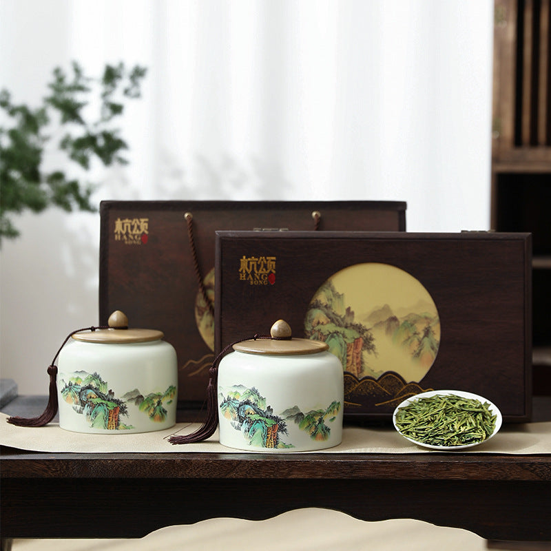 Longjing green tea ceramic gift chest and tea leaves