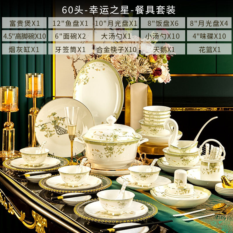 Lucky Star 60-piece botanical gold bone china dinnerware configuration