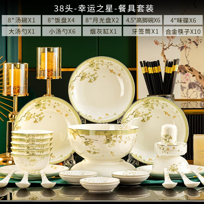 Lucky Star 38-piece botanical gold bone china dinnerware configuration