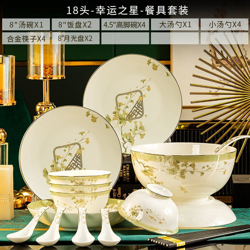 Lucky Star 18-piece botanical gold bone china dinnerware configuration