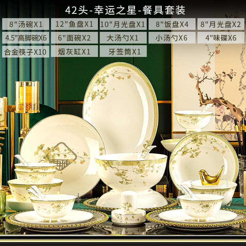 Lucky Star 42-piece botanical gold bone china dinnerware configuration