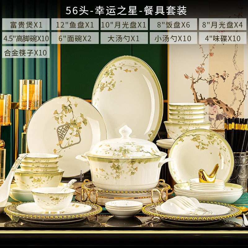 Lucky Star 56-piece botanical gold bone china dinnerware configuration