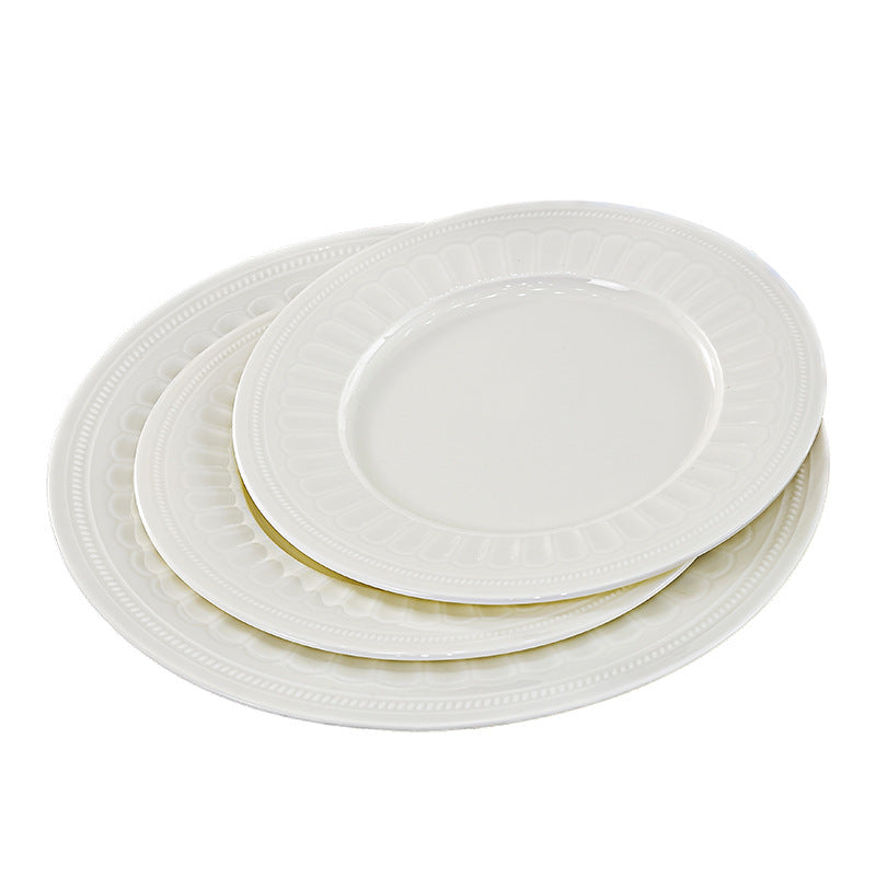 Luofu white embossed porcelain dinnerware set detail