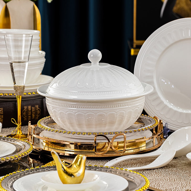 Luofu white embossed porcelain dinnerware lifestyle setting