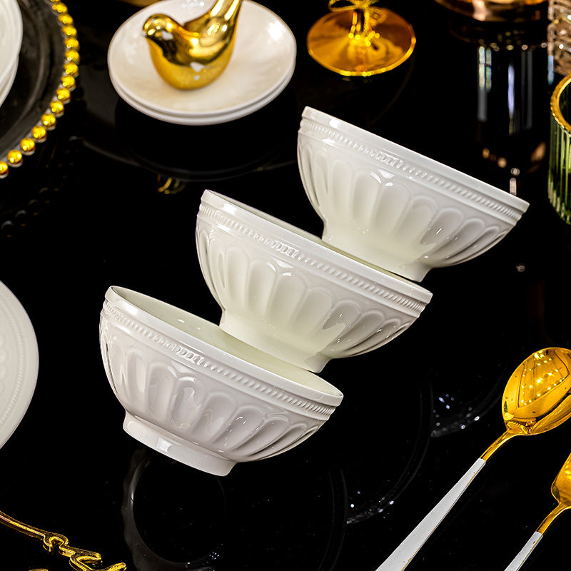 Luofu white embossed porcelain bowl detail