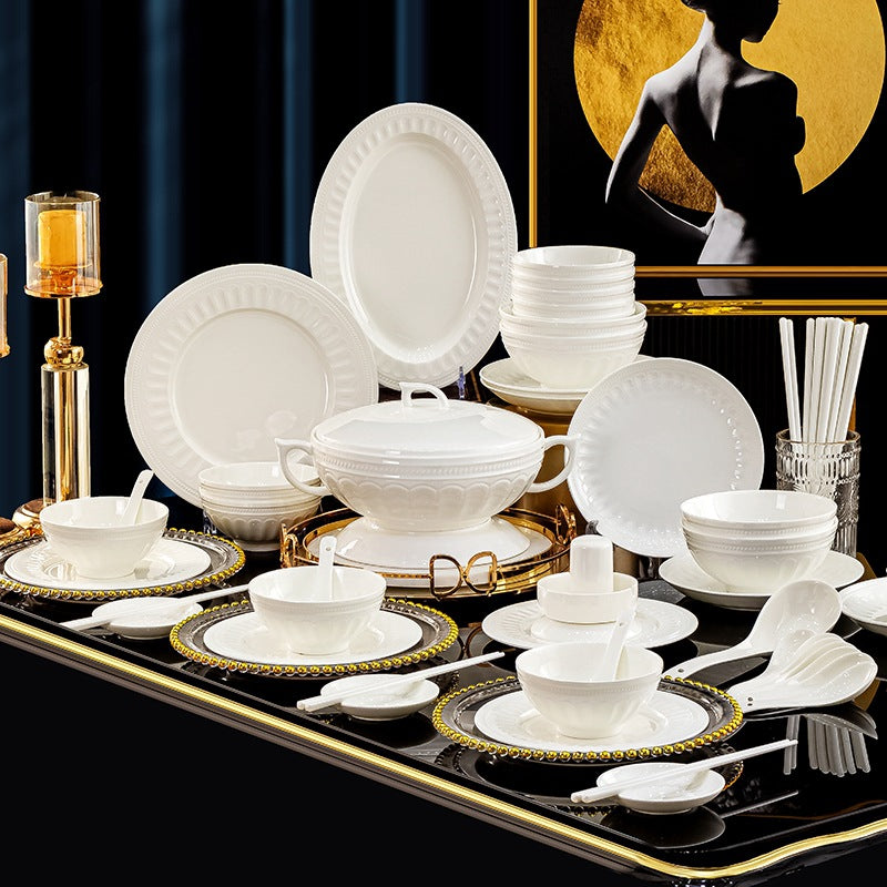 Luofu white embossed porcelain dinnerware table setting