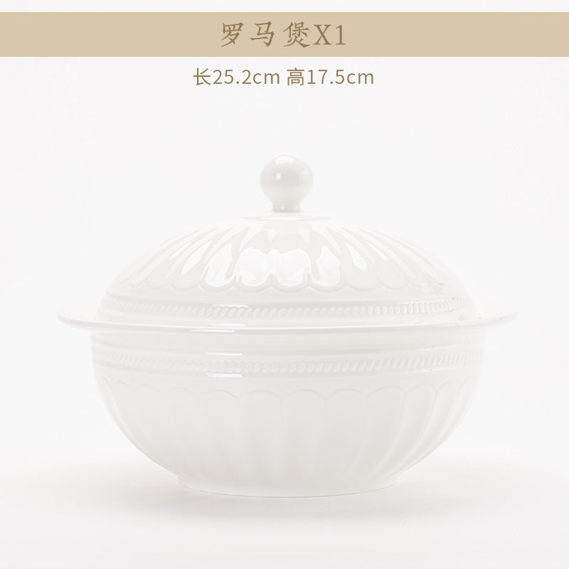 Luofu white porcelain embossed bowl and serving piece detail