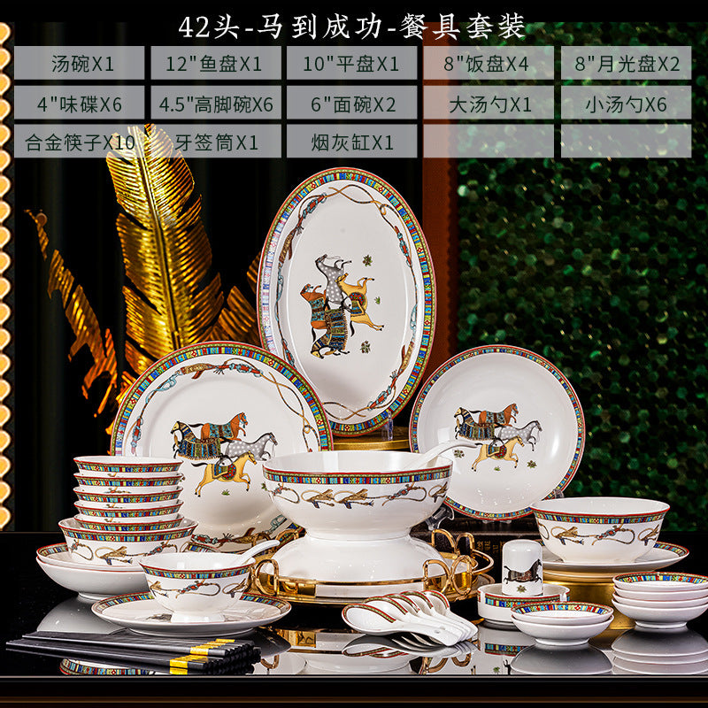 42-piece Ma Dao Cheng Gong horse dinnerware configuration with bowls, plates, platter, spoons and chopsticks