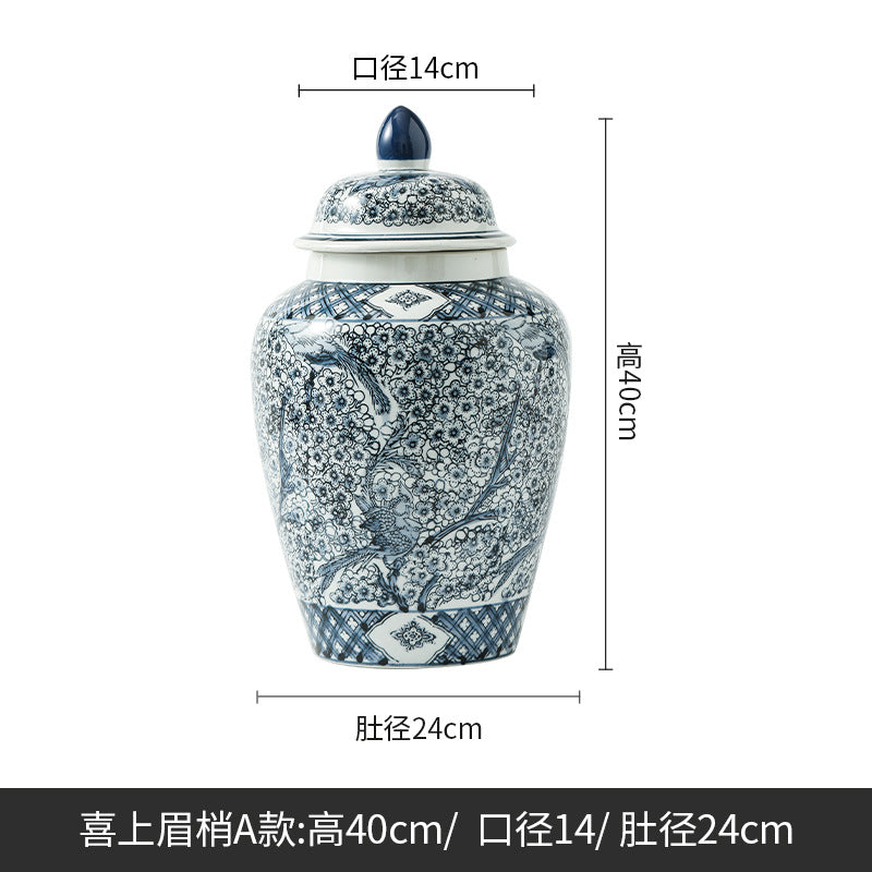 Magpie and blossom lidded ginger jar, large, 40 cm high