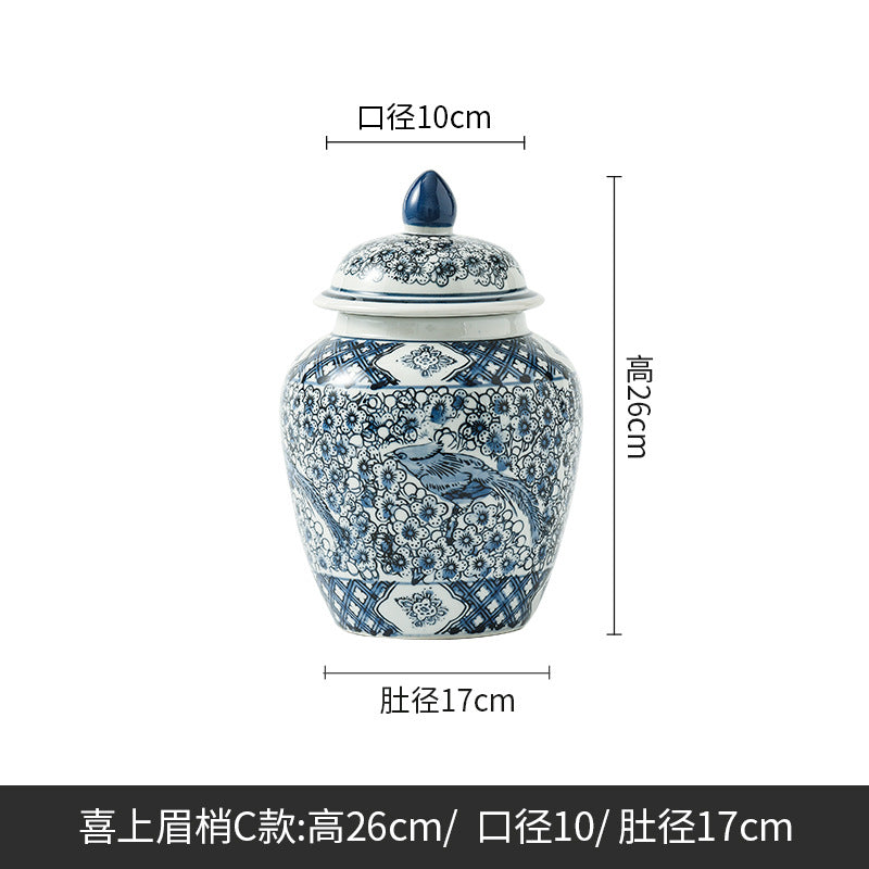 Magpie and blossom lidded ginger jar, small, 26 cm high