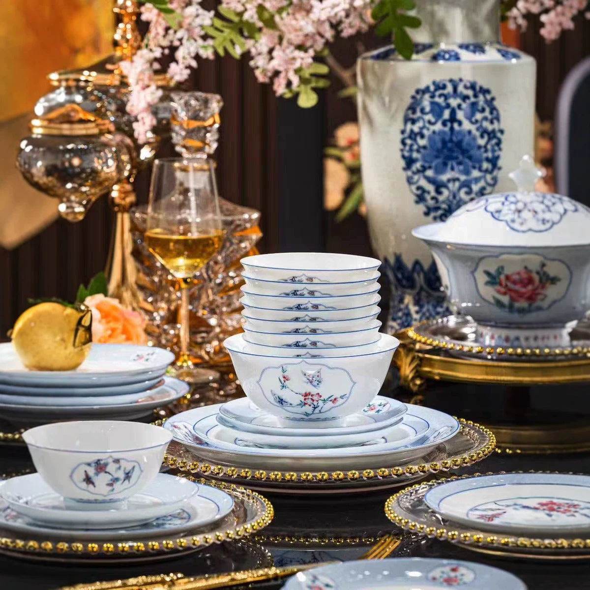 Man Yuan Chun Se blue floral porcelain dinnerware serving pieces